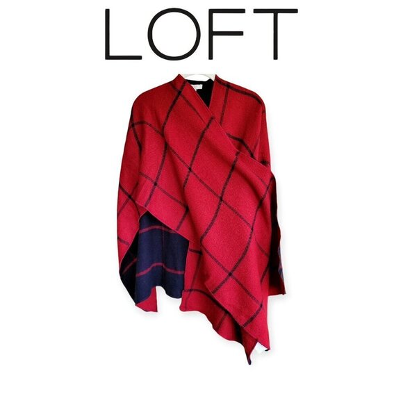 Ann Taylor Loft Plaid Reversible Red Navy Blanket Scarf NWT - Picture 1 of 9